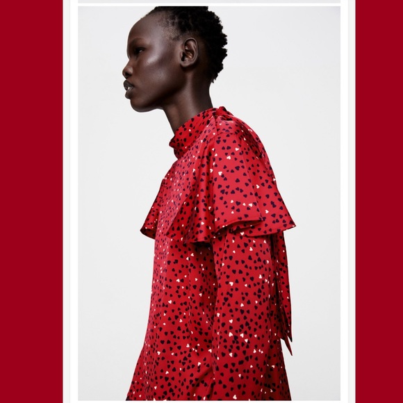 Zara red satin heart patterned tiered pussybow blouse - Picture 11 of 14